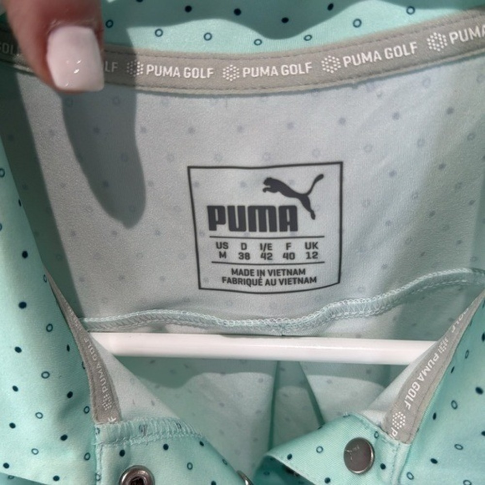 Puma Golf Sleeveless Polo Shirt Athletic Ventilated Aqua Blue Polka Dot M - Picture 2 of 4